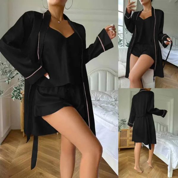 Imported Gown Style 3-Pcs Silk Nightsuit. (Gown-Inner-Short) - Image 6