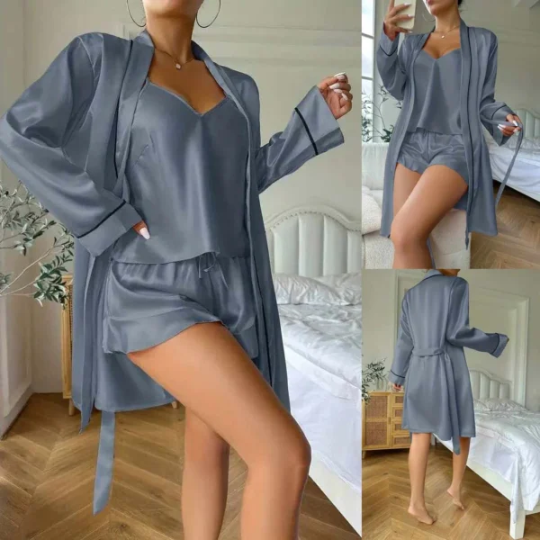 Imported Gown Style 3-Pcs Silk Nightsuit. (Gown-Inner-Short) - Image 5