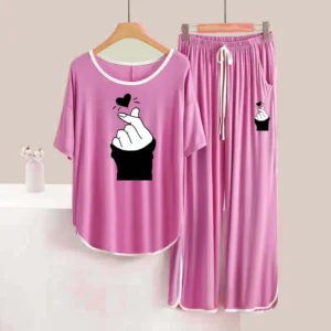 Round Hem Contrast Neck F-Sleeve Printed Lounge And Night Wear Suit. WLW-02