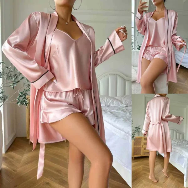 Imported Gown Style 3-Pcs Silk Nightsuit. (Gown-Inner-Short) - Image 4