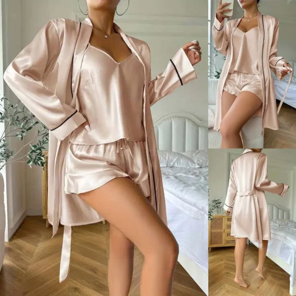 Imported Gown Style 3-Pcs Silk Nightsuit. (Gown-Inner-Short) - Image 3