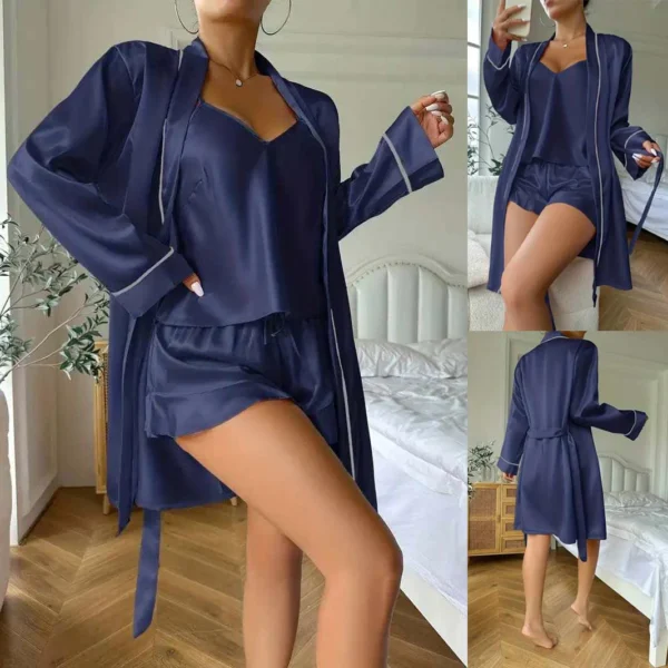 Imported Gown Style 3-Pcs Silk Nightsuit. (Gown-Inner-Short) - Image 2
