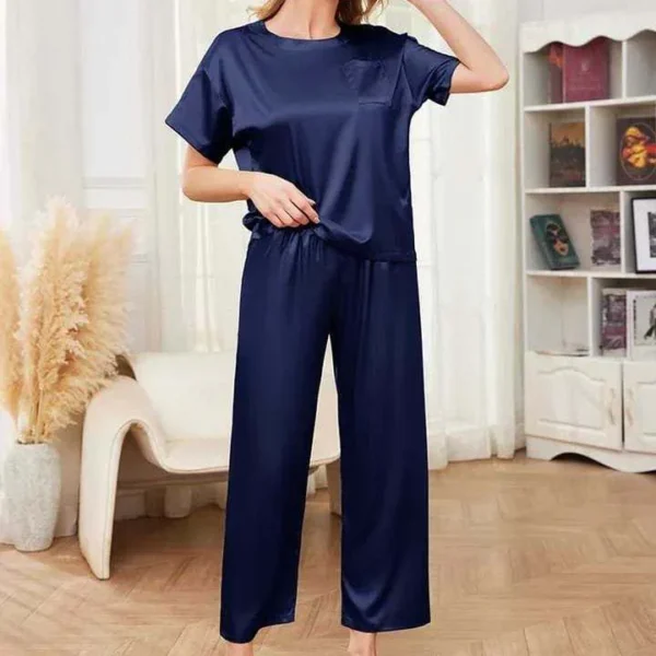 Imported Pocket Tshirt-Style 2-Pcs Silk Nightsuit. (Tshirt+Pajama) - Image 2