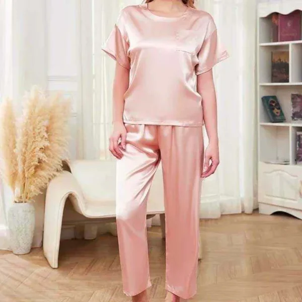 Imported Pocket Tshirt-Style 2-Pcs Silk Nightsuit. (Tshirt+Pajama) - Image 3