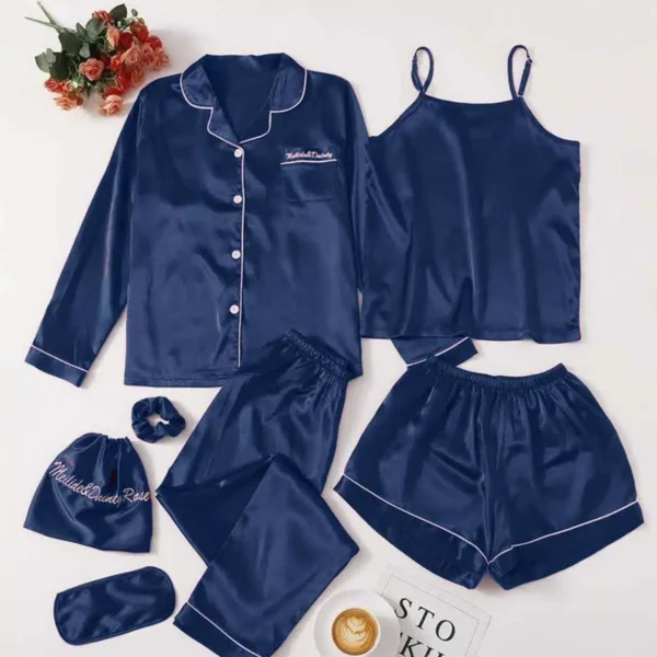 Imported All-In-One Complete 7-Pcs Silk Nightsuit. - Image 5