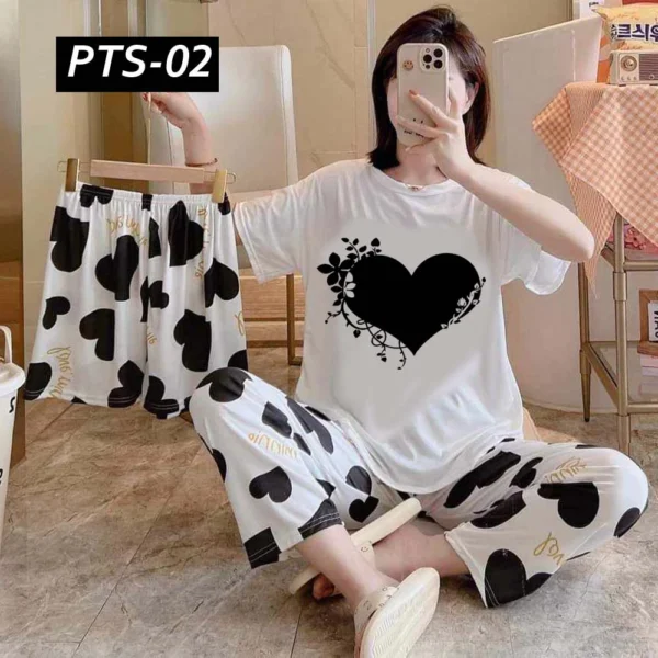 Heart Printed 3-Pcs Summer Lounge & Night Wear Suit. PTS-02