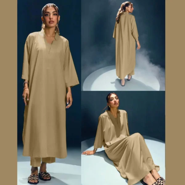Long Length Cross Neck Style 2-Pcs Stiched Suit. - Image 3