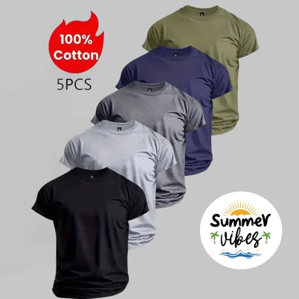 Bundle Of 5 R-Neck Half Sleeve Summer Tshirt's. (Black-Navy-H.Grey-C.Grey-Green)