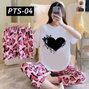 Pink-Heart Printed 3-Pcs Summer Lounge & Night Wear Suit. PTS-04
