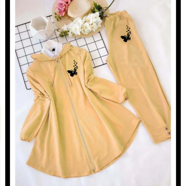 Sale Butterfly Printed Hooded Zipper Style 2-Pcs Winter Tracksuit For Her. MB-01 - Image 2
