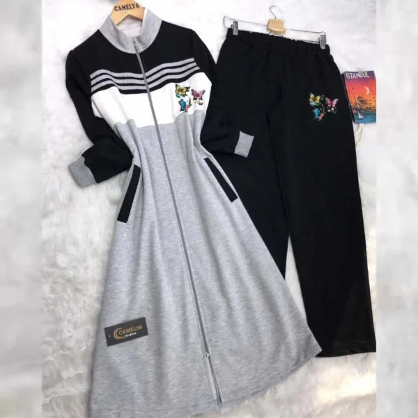 Butterfly Printed Stripe Style Patch-Work Long 2-Pcs Winter Tracksuit. - Image 2