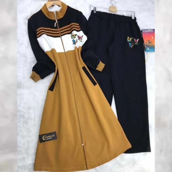 Butterfly Printed Stripe Style Patch-Work Long 2-Pcs Winter Tracksuit. - Image 3