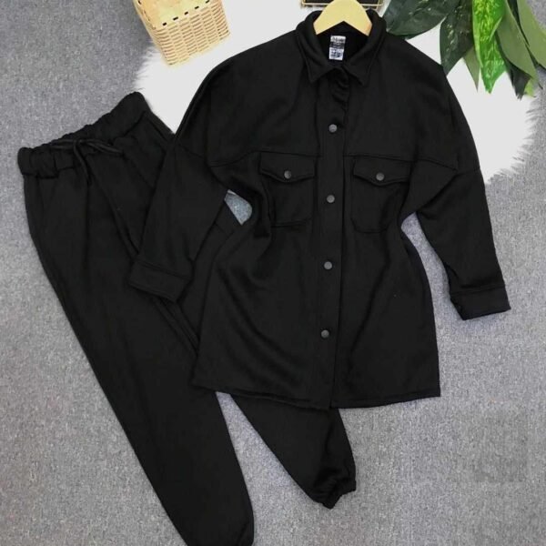 Shirt Style Long Front Pocket 2-Pcs Winter Tracksuit For Her. - Image 2