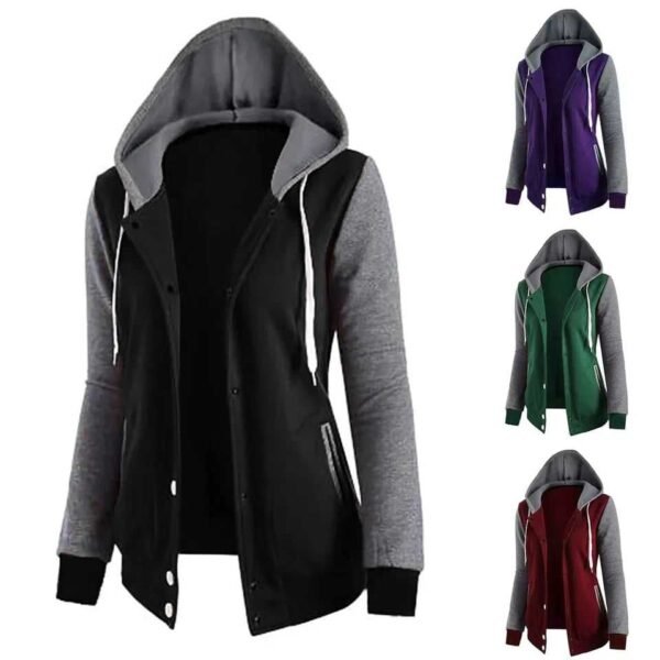 Contrast Sleeves Button Style Winter Hoodie For Her. - Image 2