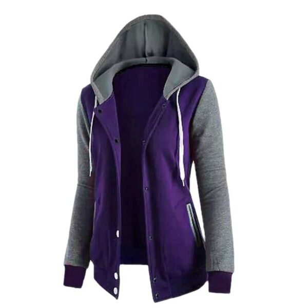 Contrast Sleeves Button Style Winter Hoodie For Her. - Image 3