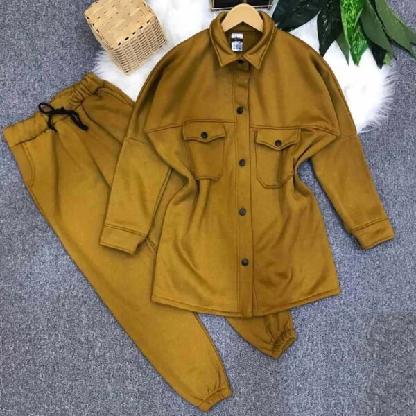 Shirt Style Long Front Pocket 2-Pcs Winter Tracksuit For Her. - Image 3