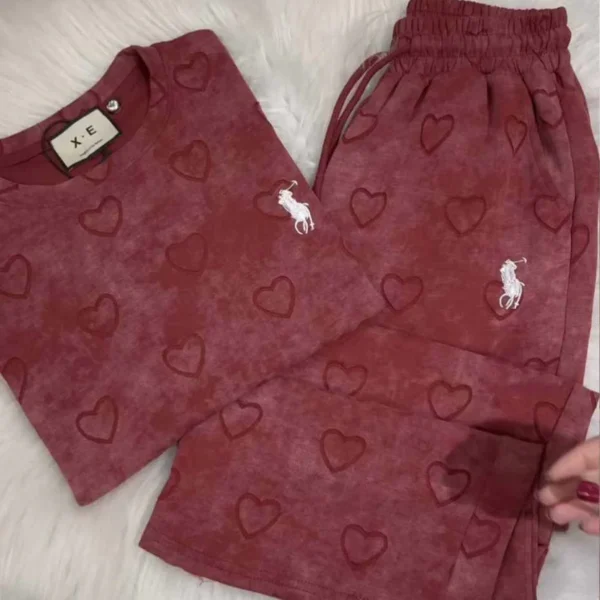 Heart Textured Horse Logo Printed Style Western 2-Pcs Summer Tracksuit For Her. WSTS-08 - Image 5