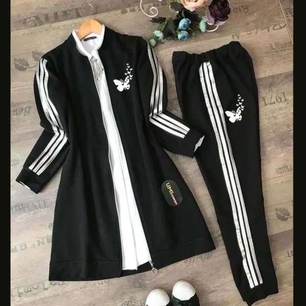 Butterfly Printed 3-Stripe Style Winter 2-Pcs Tracksuit For Her. D-11 - Image 2