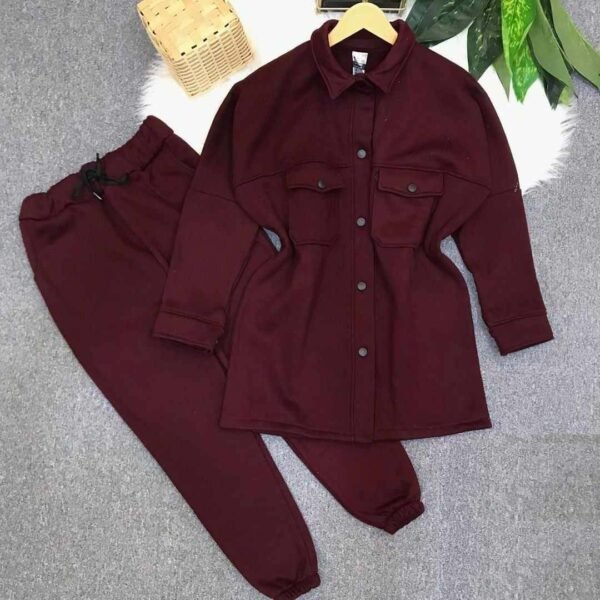 Shirt Style Long Front Pocket 2-Pcs Winter Tracksuit For Her. - Image 4