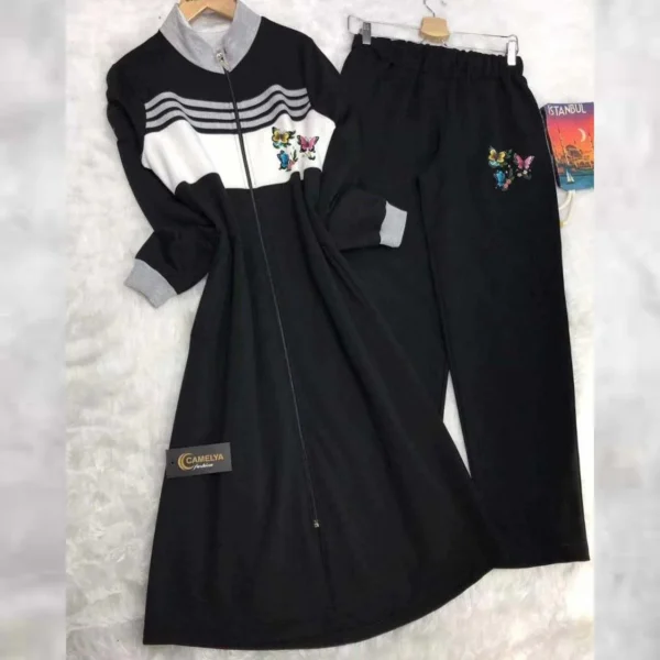 Butterfly Printed Stripe Style Patch-Work Long 2-Pcs Winter Tracksuit. - Image 4
