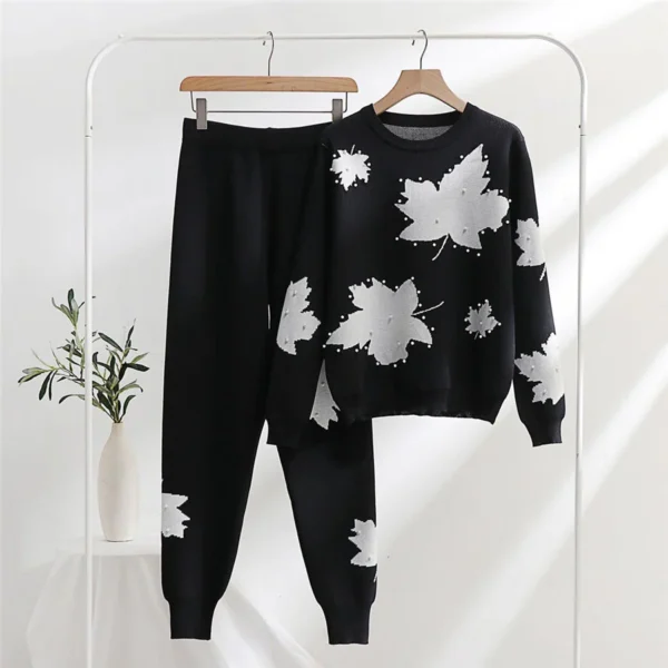 Pearls Work White Leaf Printed Premium Quality Winter 2-Pcs Tracksuit For Her. WWTS-02 - Image 2