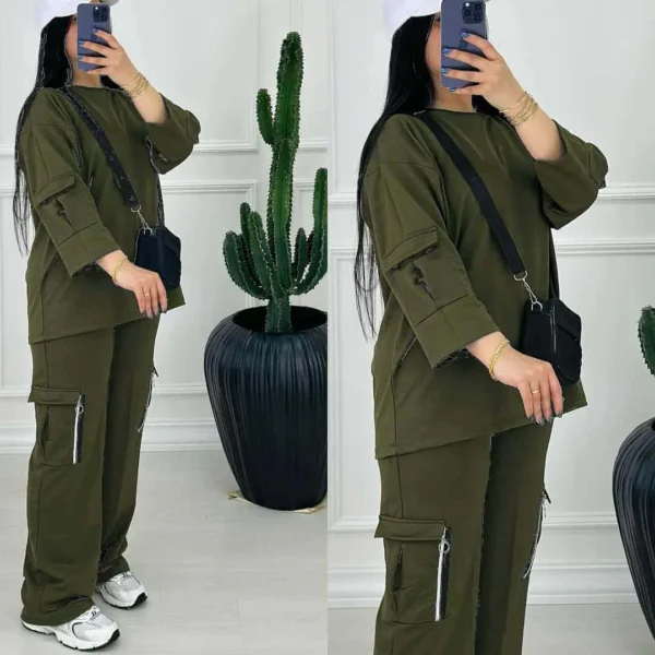 Drop-Shoulder 6-Pocket Cargo Zipper Style Western 2-Pcs Summer Tracksuit For Her. WSTS-06 - Image 2
