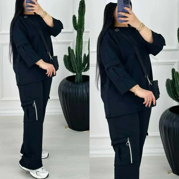 Drop-Shoulder 6-Pocket Cargo Zipper Style Western 2-Pcs Summer Tracksuit For Her. WSTS-06 - Image 3