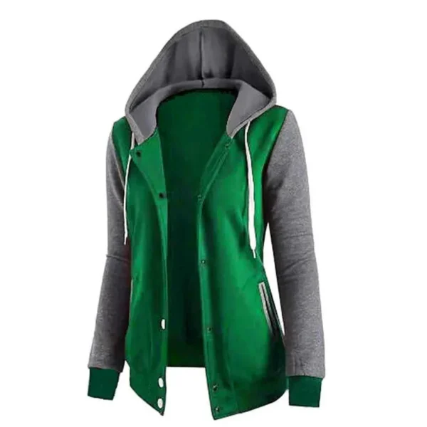 Contrast Sleeves Button Style Winter Hoodie For Her. - Image 4