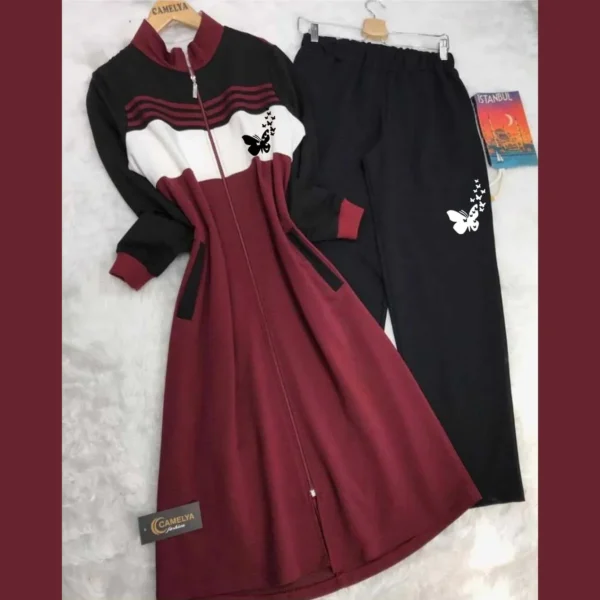 Butterfly Printed Long Front Stripe Style Patch-Work 2-Pcs Winter Zipper Co-Ord Set. WWTS-12 - Image 5