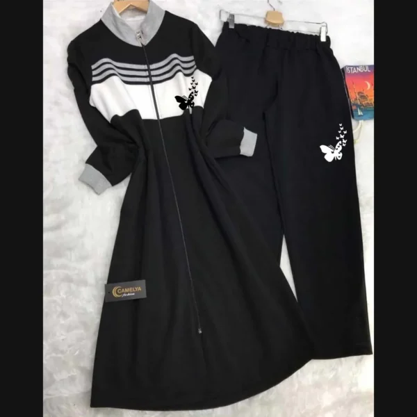Butterfly Printed Long Front Stripe Style Patch-Work 2-Pcs Winter Zipper Co-Ord Set. WWTS-12 - Image 2