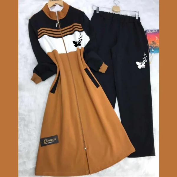 Butterfly Printed Long Front Stripe Style Patch-Work 2-Pcs Winter Zipper Co-Ord Set. WWTS-12 - Image 3