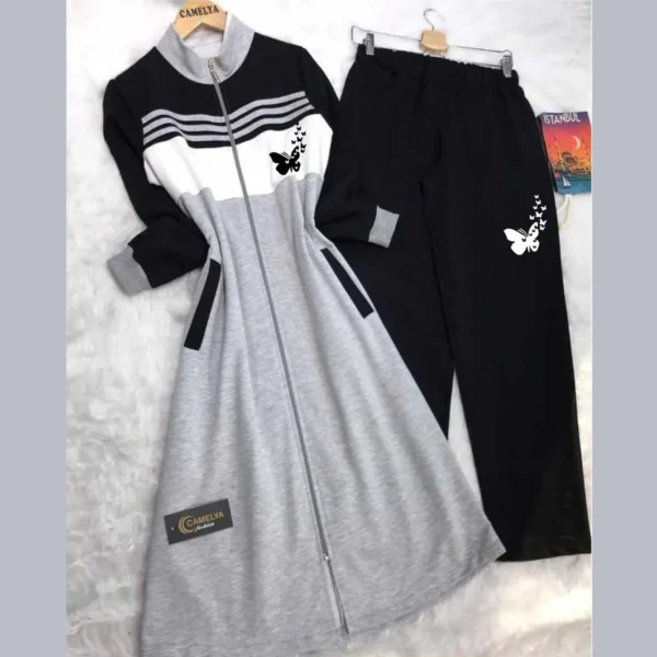 Butterfly Printed Long Front Stripe Style Patch-Work 2-Pcs Winter Zipper Co-Ord Set. WWTS-12 - Image 4