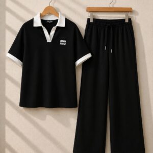 Contrast Trim T-shirt & Wide-Leg Trouser Set MWTS-43