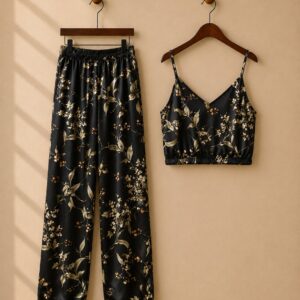 Leaf Print Autumn Two Piece Set Top and Long Pants.